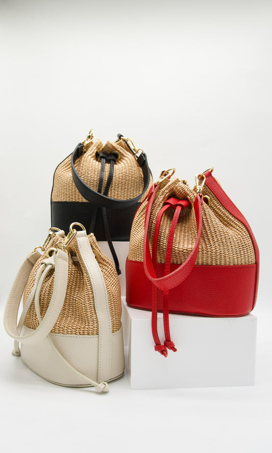 Emilia Rafia and Leather Bucket Bag