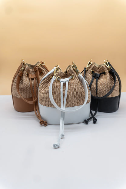 Emilia Rafia and Leather Bucket Bag
