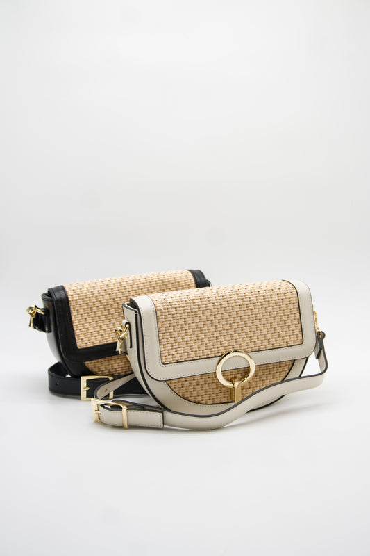 Arianna Raffia & Leather Saddle Bag