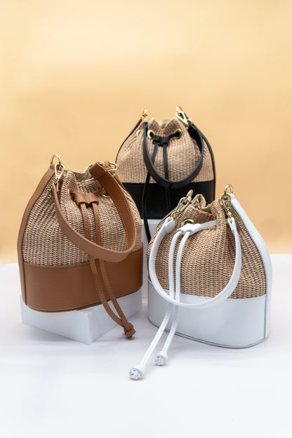 Emilia Rafia and Leather Bucket Bag