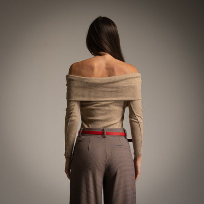 Bardot Rib Knit Top in Taupe