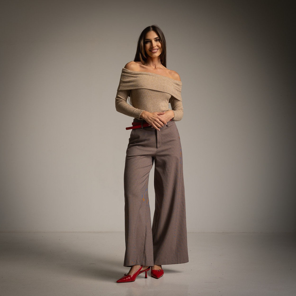 Bardot Rib Knit Top in Taupe