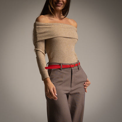 Bardot Rib Knit Top in Taupe